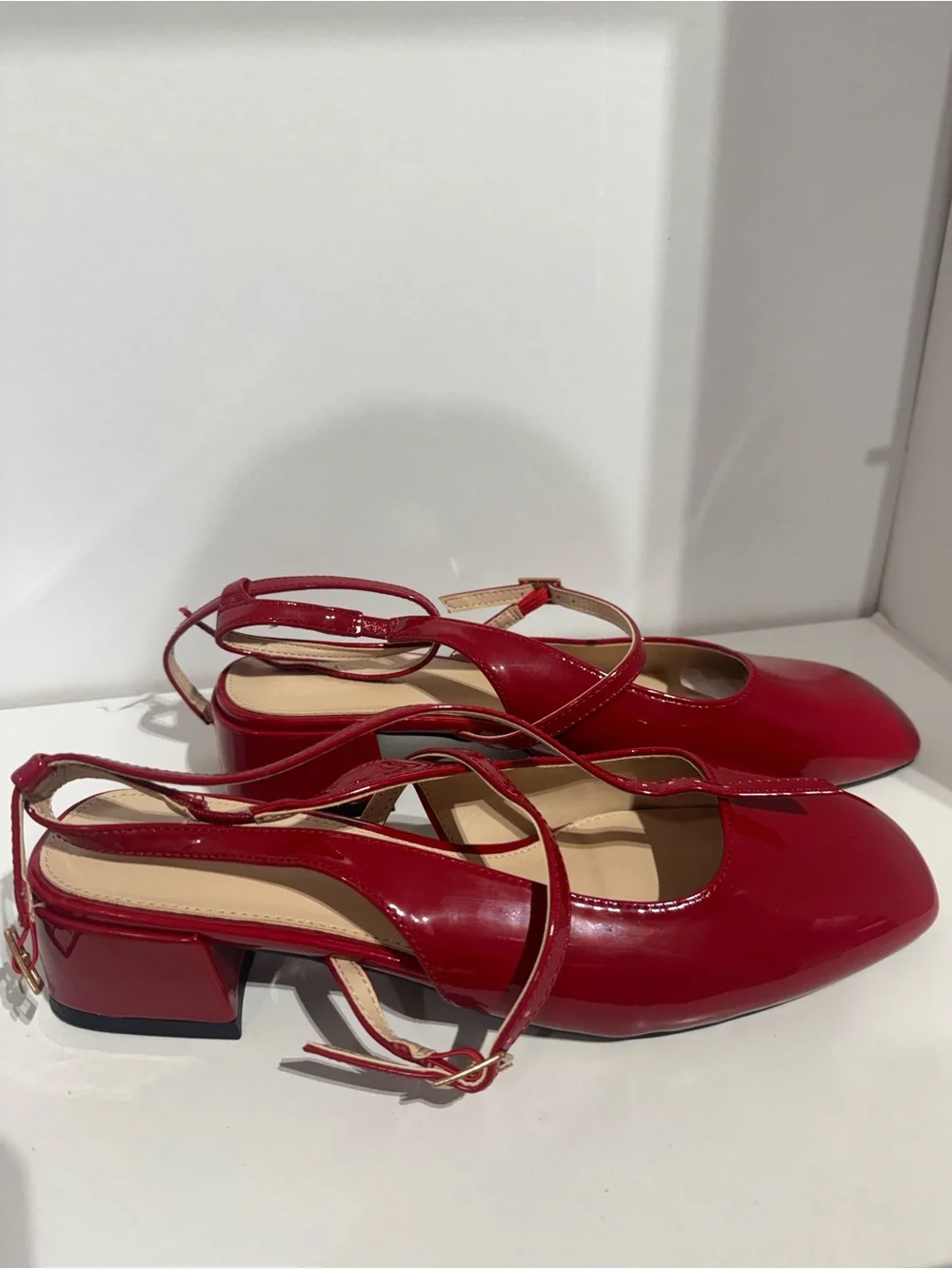 Women's Red Patent Slingback Square-Toe Heels